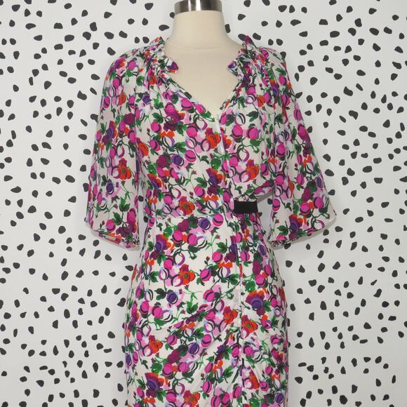 Saloni White Olivia Floral Print Ruffle Hem Silk Midi Dress - Picture 5 of 13